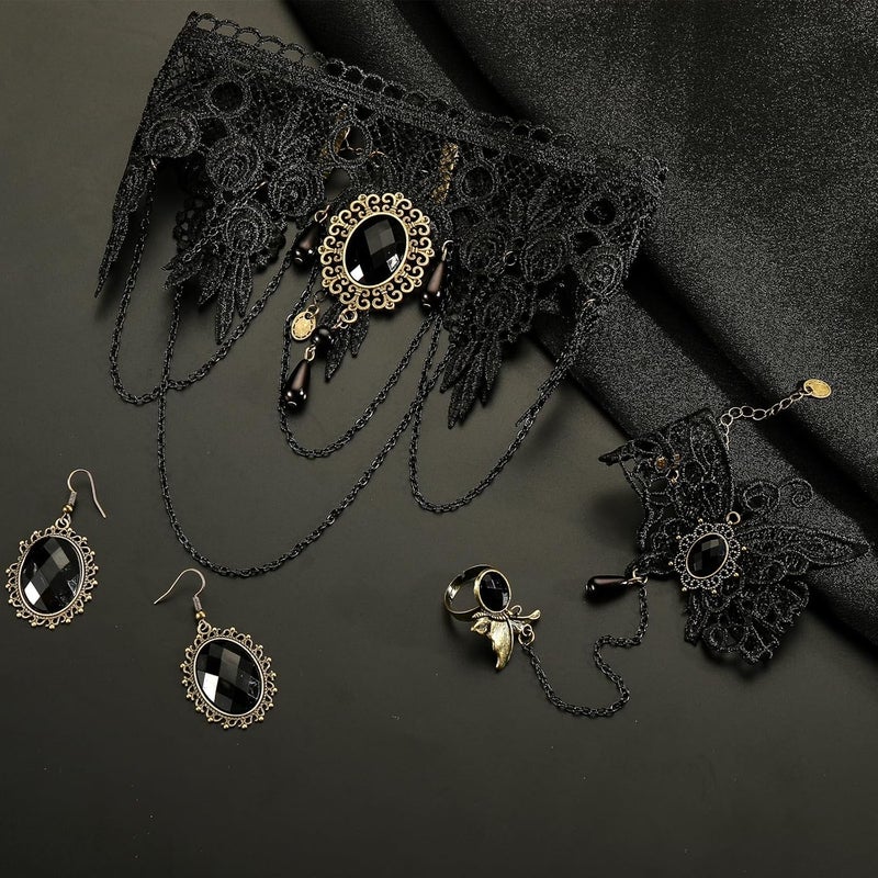 ELLEZZA Gothic Victorian Style Vampire Choker Necklace Bracelet Earrings Set,Halloween Pirate Steampunk Witch Vampire Costume Accessories Jewelry for Women,Adjustable Size - Image 4